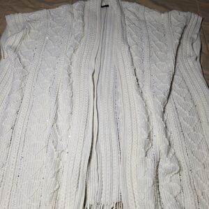 LVS Collections Cream Knit Fringe Cardigan – Heart Cable Knit – One Size